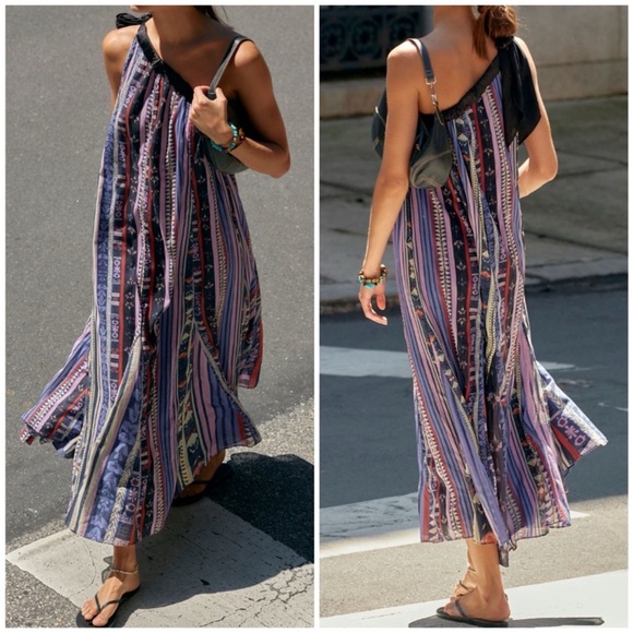 NEW Free People Tova One Shoulder Maxi Dress Sz S Deep Ocean Combo Pockets - Picture 1 of 12